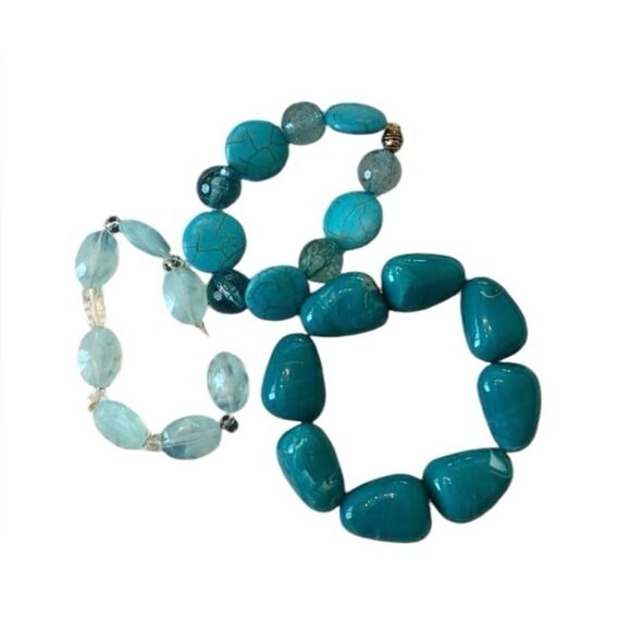 NWT 3 handmade Angelas Designs stretchy brackets turquoise and clear beads - Picture 1 of 8